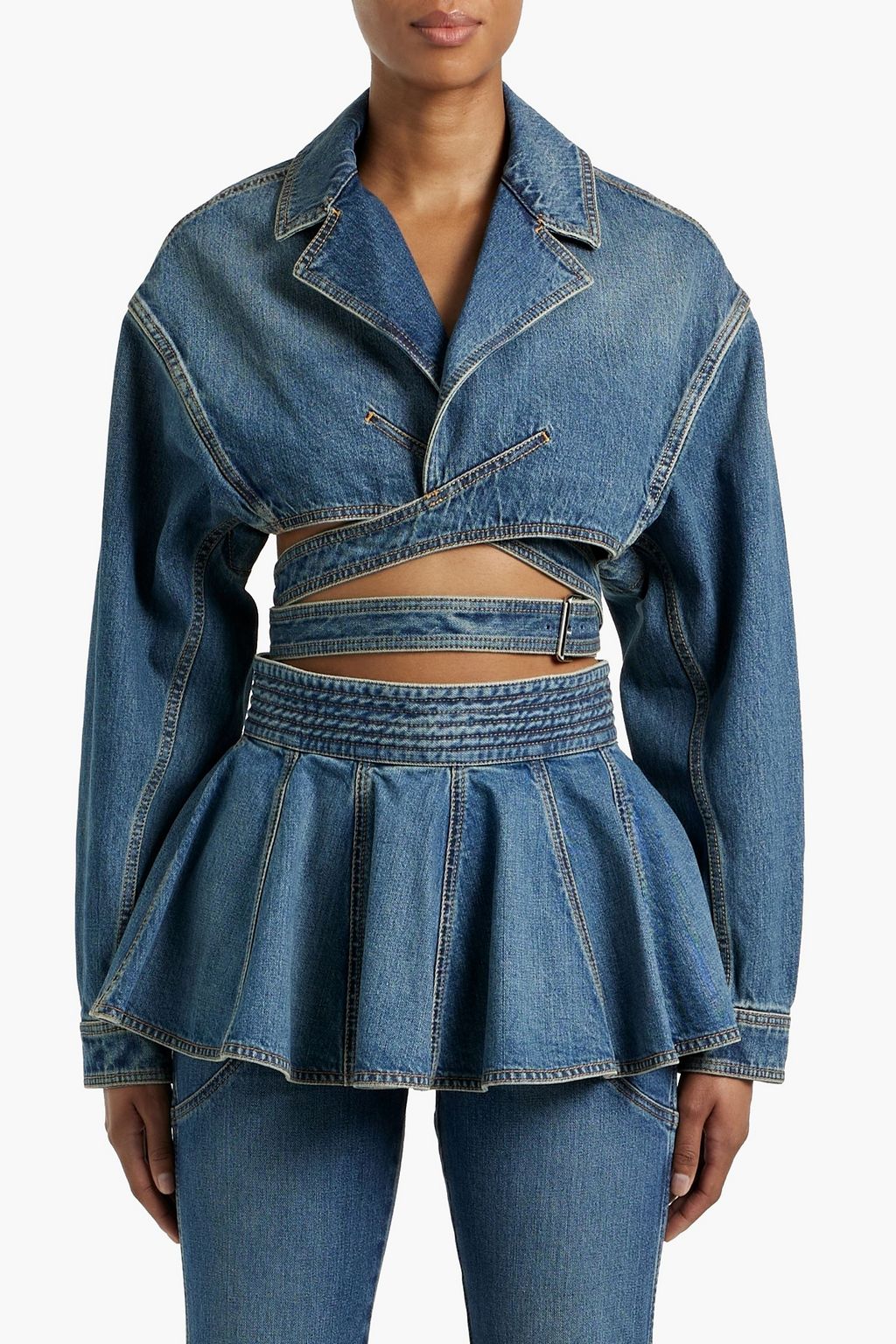 ALAÏA Ruffled denim waist belt