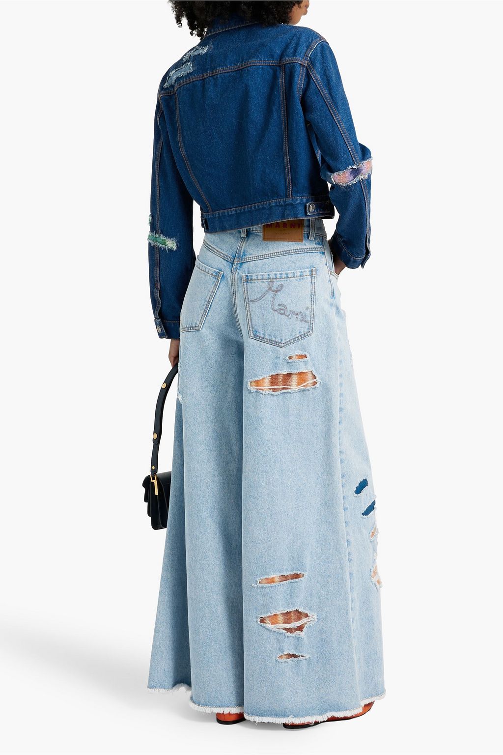 MARNI Knit-trimmed distressed high-rise wide-leg jeans