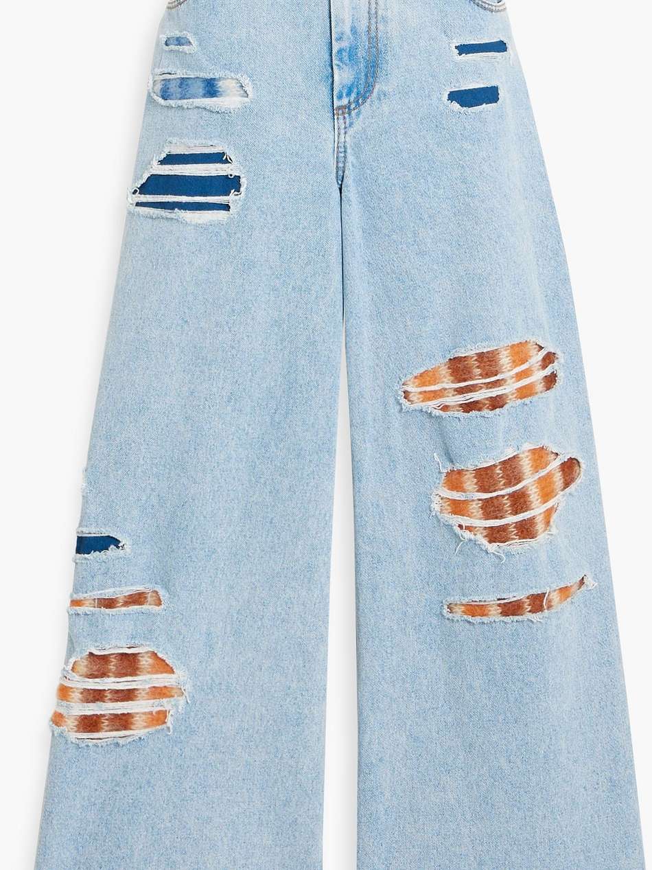 knit-trimmed distressed high-rise wide-leg jeans