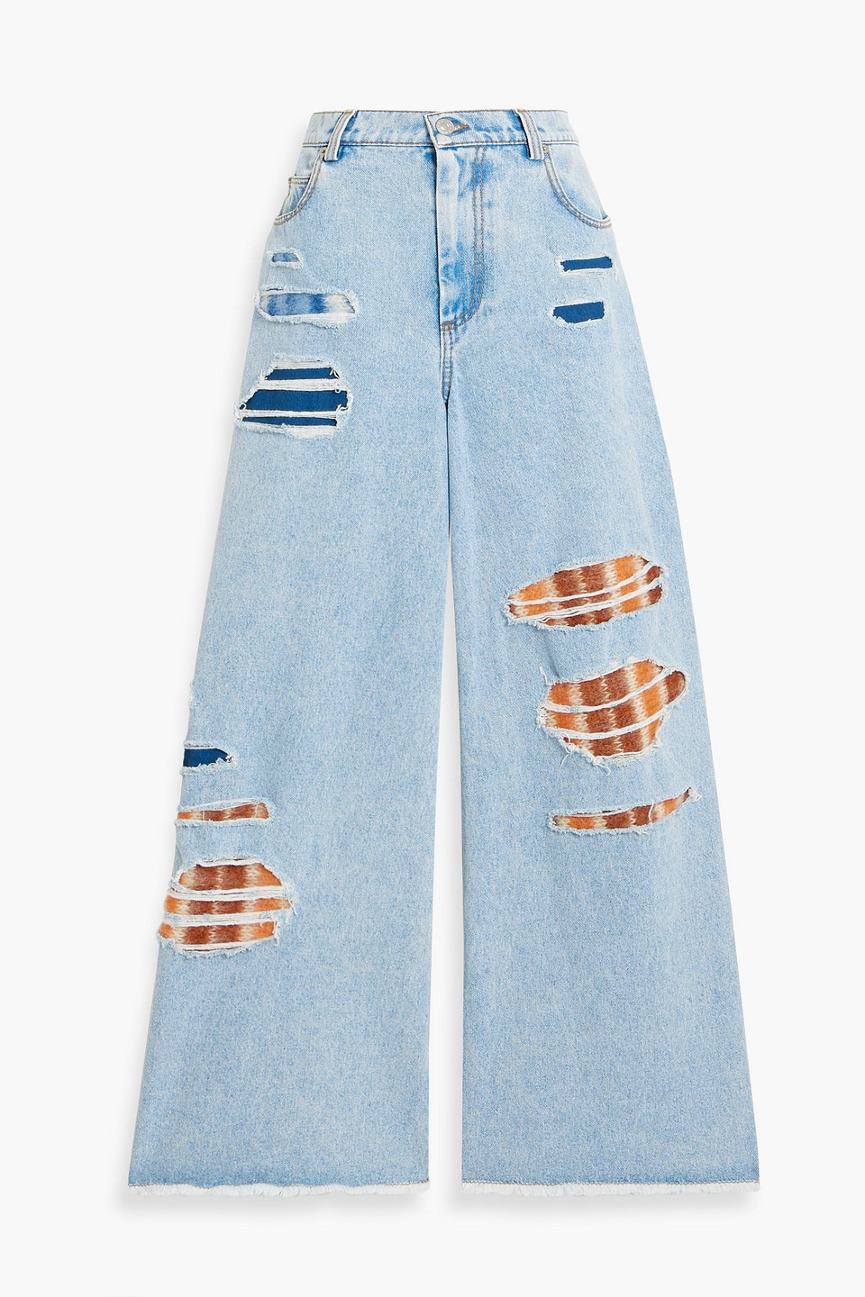 Marni Knit-trimmed Distressed High-rise Wide-leg Jeans In Light Denim