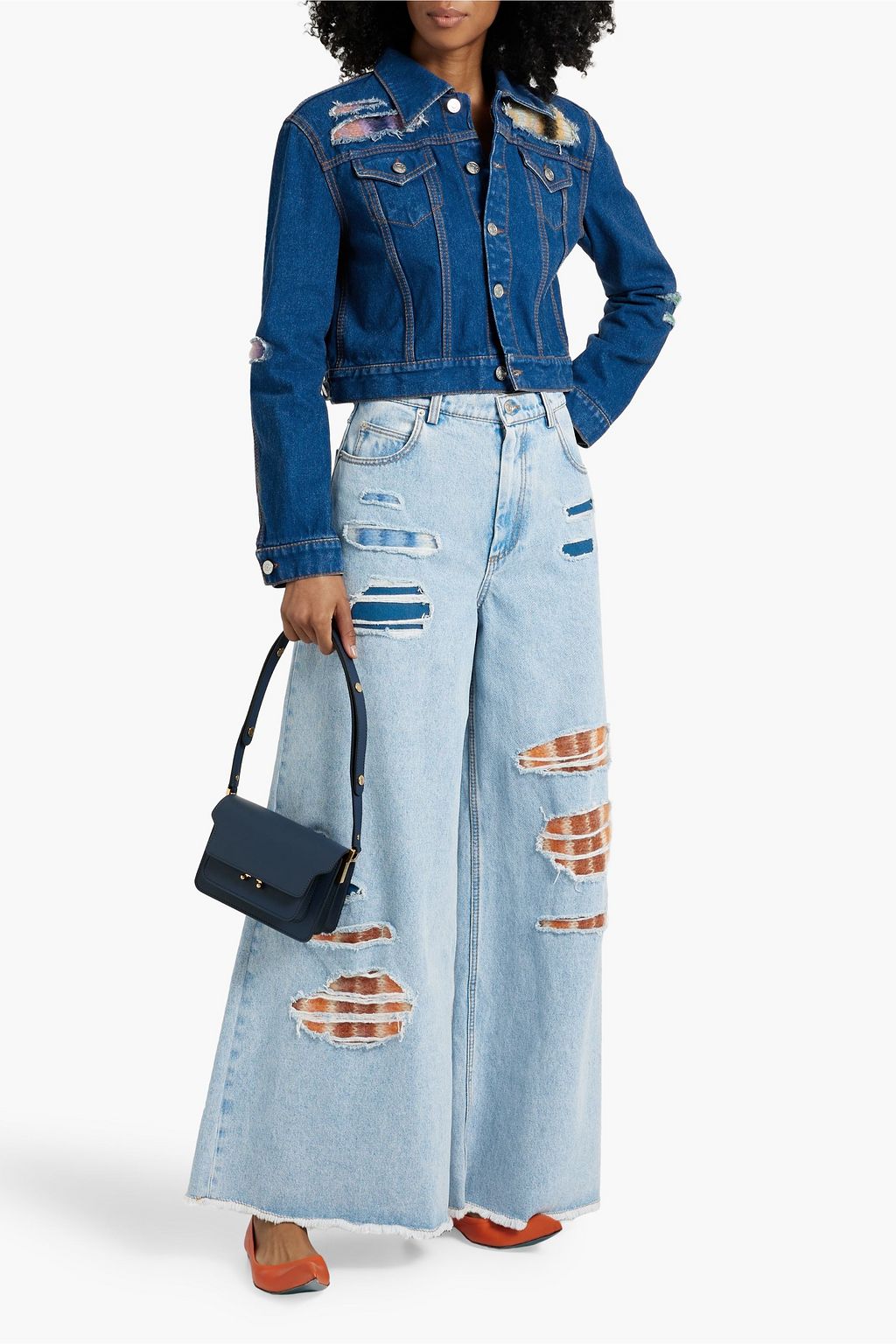 MARNI Knit-trimmed distressed high-rise wide-leg jeans