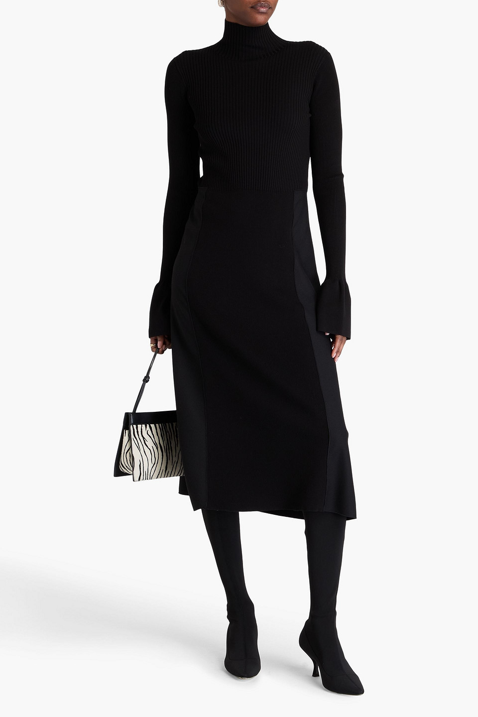 Joseph Duperre Crepe And Ribbed-knit Turtleneck Midi Dress In Black