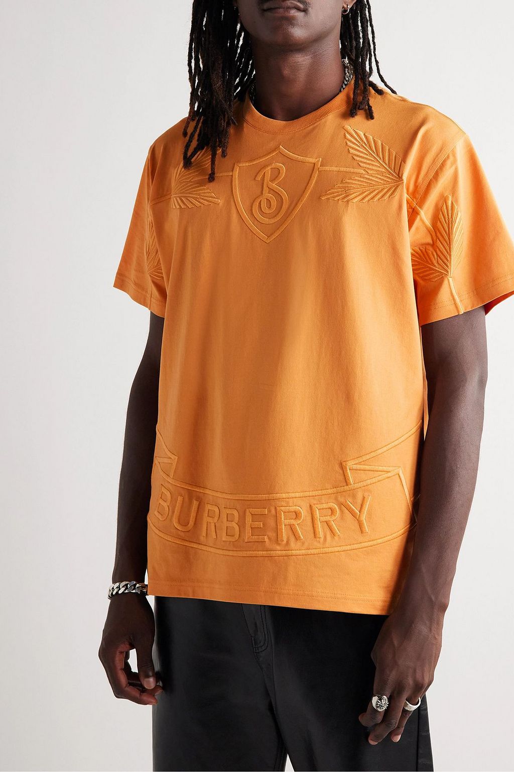 BURBERRY 로고 자수 코튼 저지 티셔츠