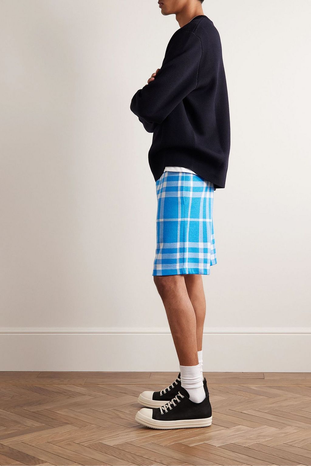 BURBERRY Checked jacquard-knit wool and silk-blend shorts