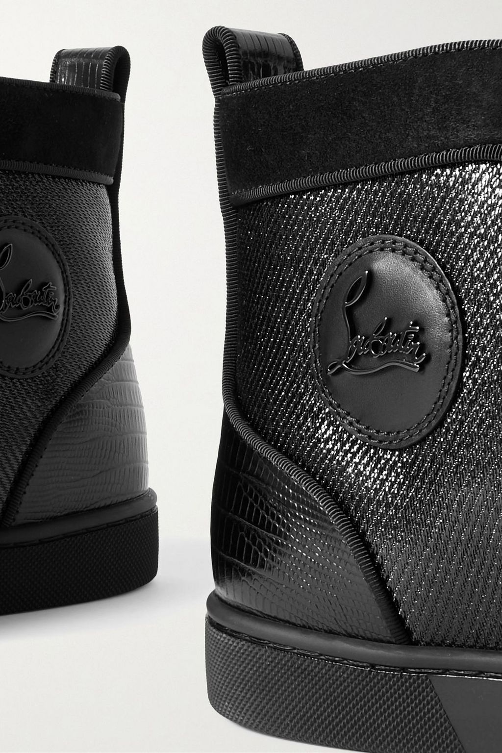 CHRISTIAN LOUBOUTIN Louis Orlato metallic mesh, patent and croc-effect leather high-top sneakers