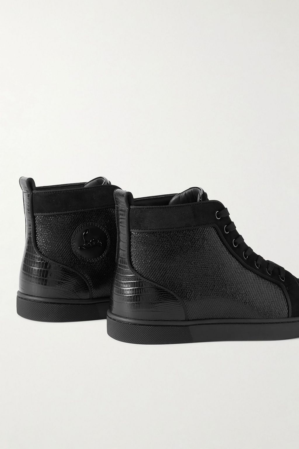 CHRISTIAN LOUBOUTIN Louis Orlato metallic mesh, patent and croc-effect leather high-top sneakers