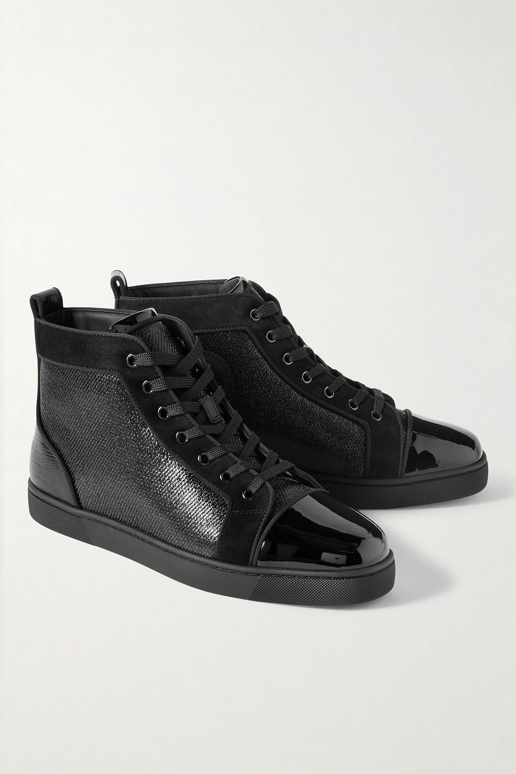 CHRISTIAN LOUBOUTIN Louis Orlato metallic mesh, patent and croc-effect leather high-top sneakers