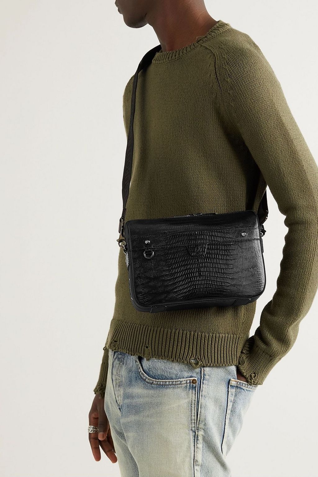 CHRISTIAN LOUBOUTIN Ruisbuddy studded rubber-trimmed lizard-effect leather messenger bag