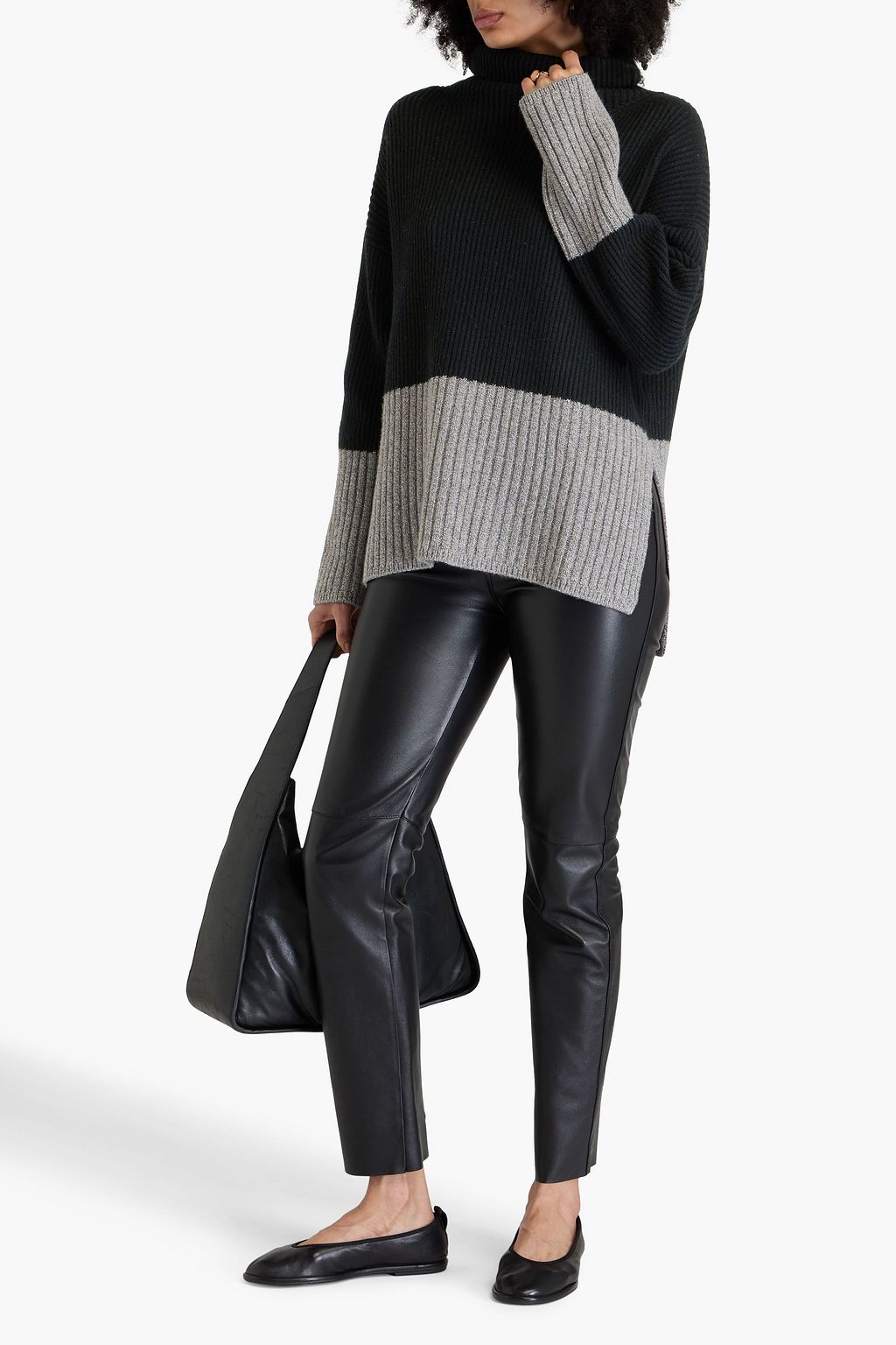 JOSEPH Two-tone ribbed merino wool and cashmere-blend turtleneck sweater