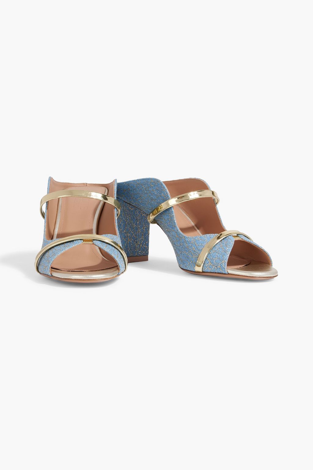MALONE SOULIERS Norah metallic leather-trimmed embroidered denim mules