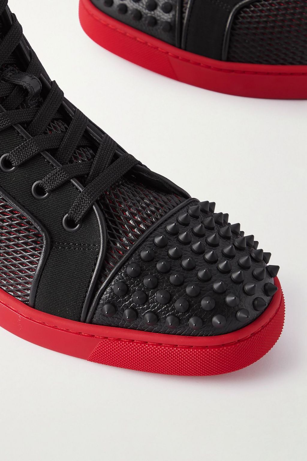 CHRISTIAN LOUBOUTIN Lou Spikes studded leather, mesh and canvas high-top sneakers
