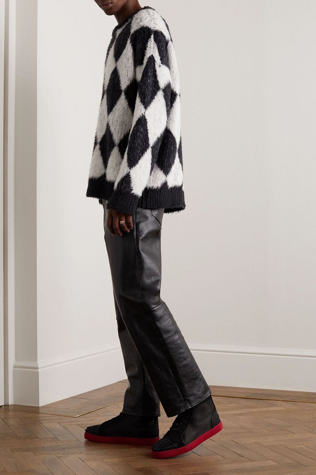 CHRISTIAN LOUBOUTIN Lou Spikes studded leather, mesh and canvas high-top sneakers