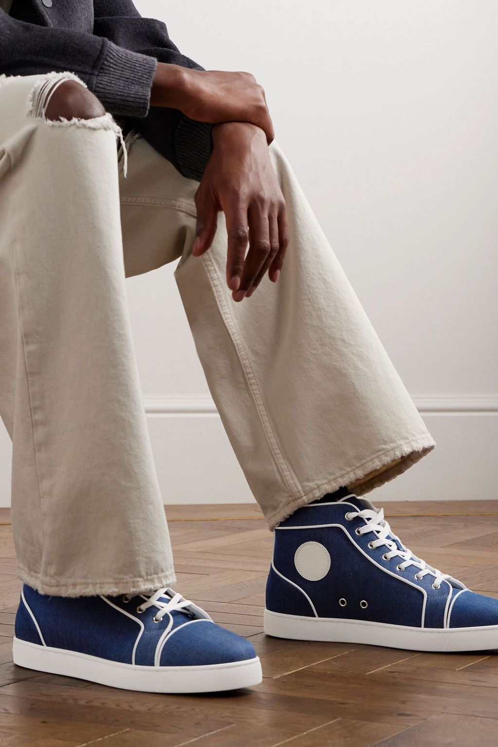 CHRISTIAN LOUBOUTIN Logo-embroidered leather-trimmed denim high-top sneakers