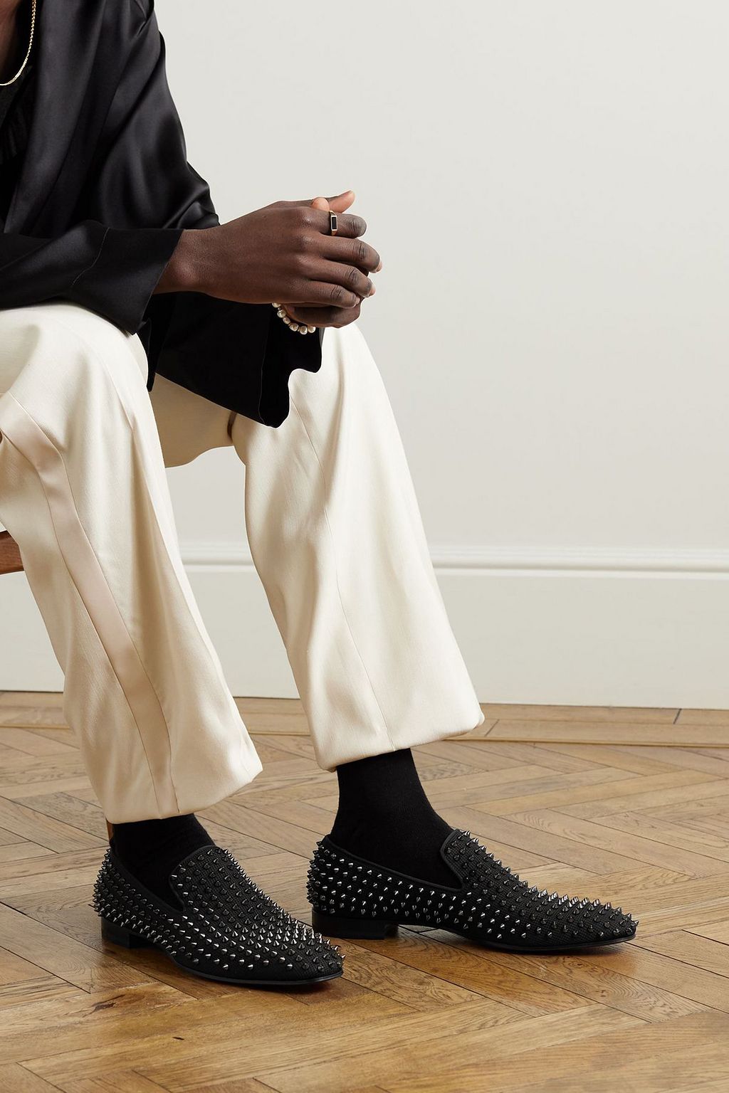 CHRISTIAN LOUBOUTIN Dandelion grosgrain-trimmed studded knitted loafers