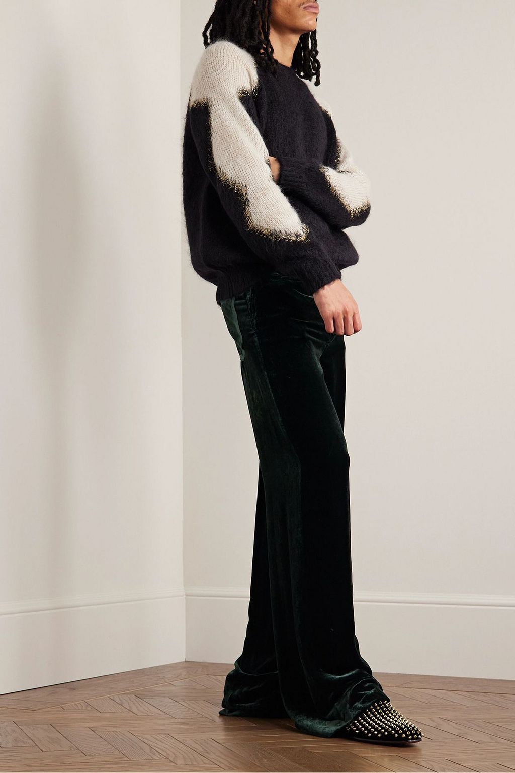 CHRISTIAN LOUBOUTIN Dandelion grosgrain-trimmed studded velvet loafers