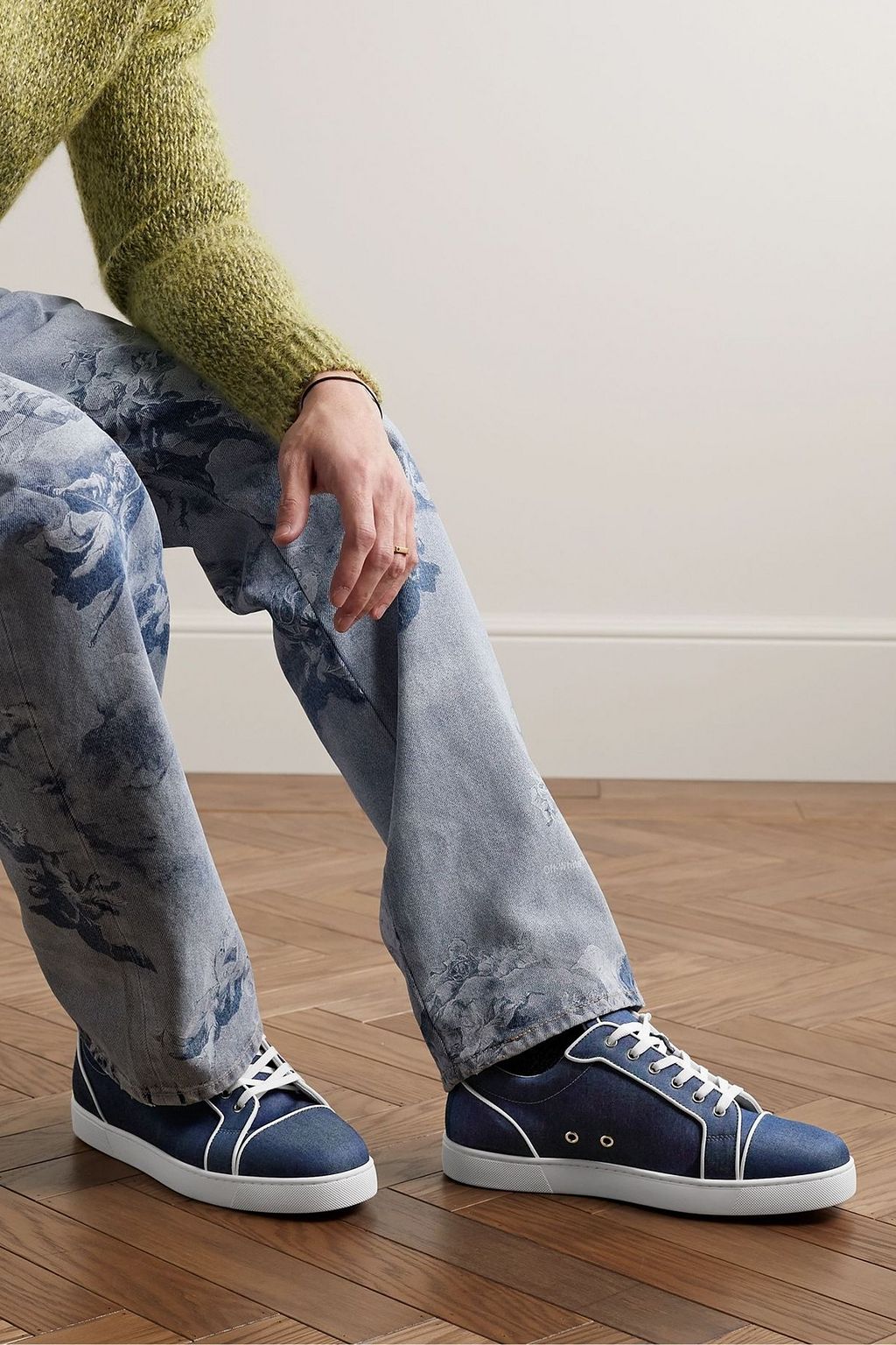 CHRISTIAN LOUBOUTIN Varsijunior leather-trimmed embroidered denim sneakers