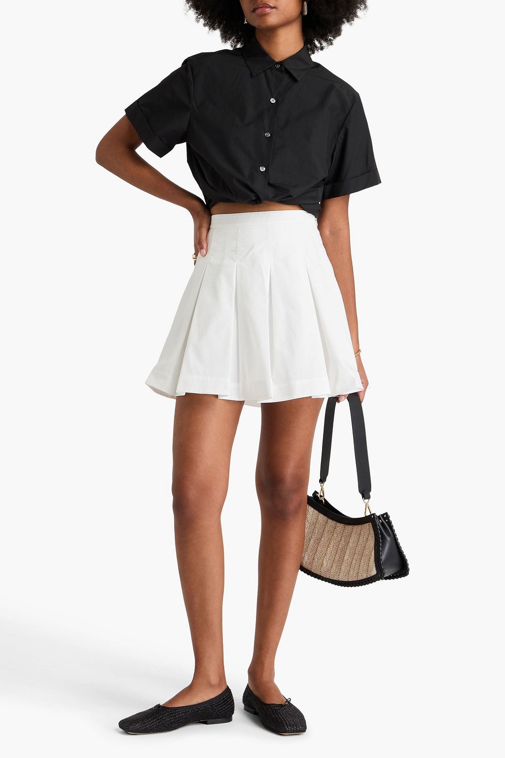 SIMKHAI Pleated cotton-blend poplin mini skirt