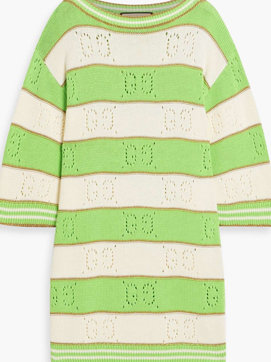 striped pointelle-knit cotton-blend mini dress