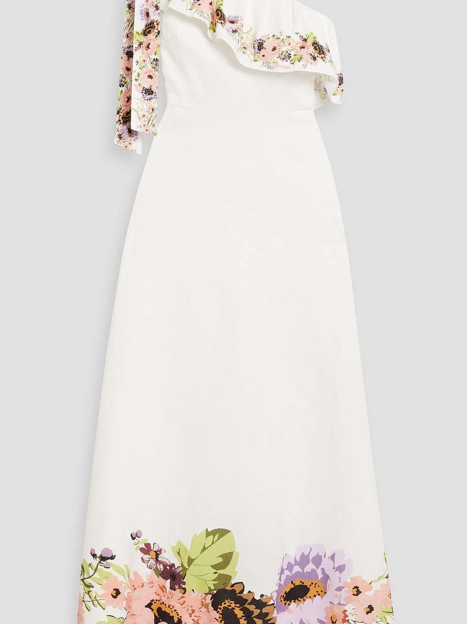 one-shoulder floral-print cotton and linen-blend maxi dress