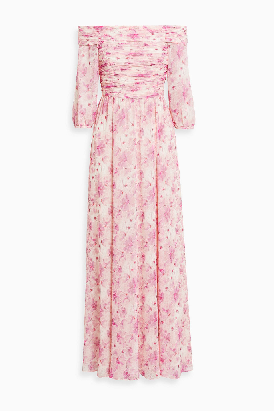 Mikael Aghal Off-the-shoulder Floral-print Chiffon Maxi Dress In Baby Pink