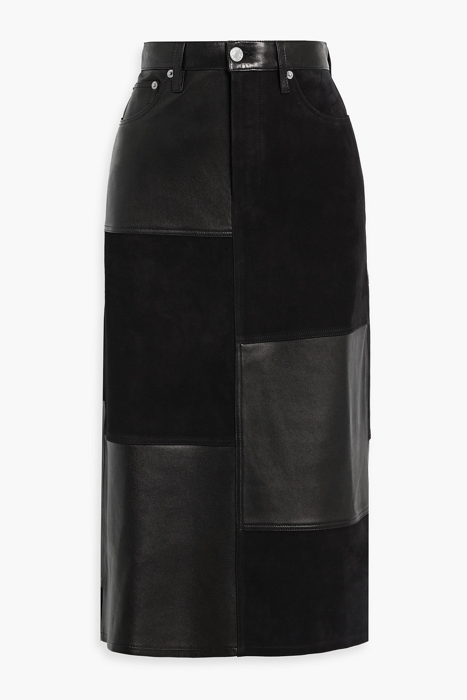 Re/done Patchwork Suede And Leather Midi Skirt In Black