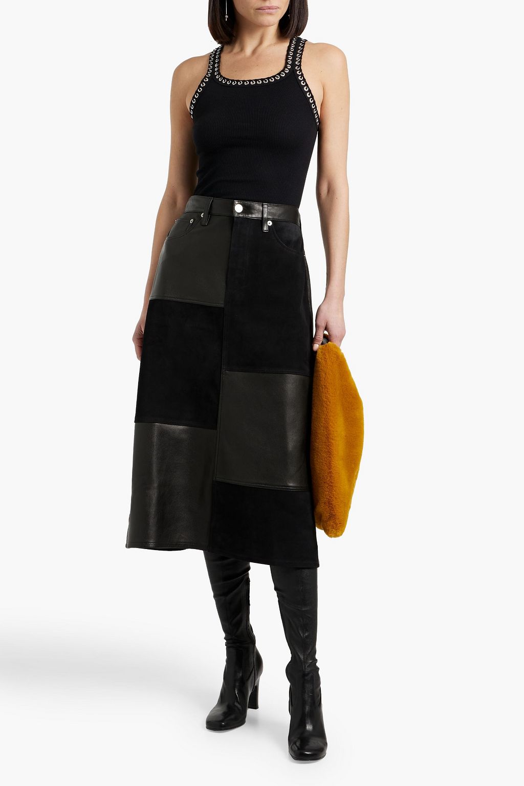 RE/DONE Patchwork leather and suede midi skirt
