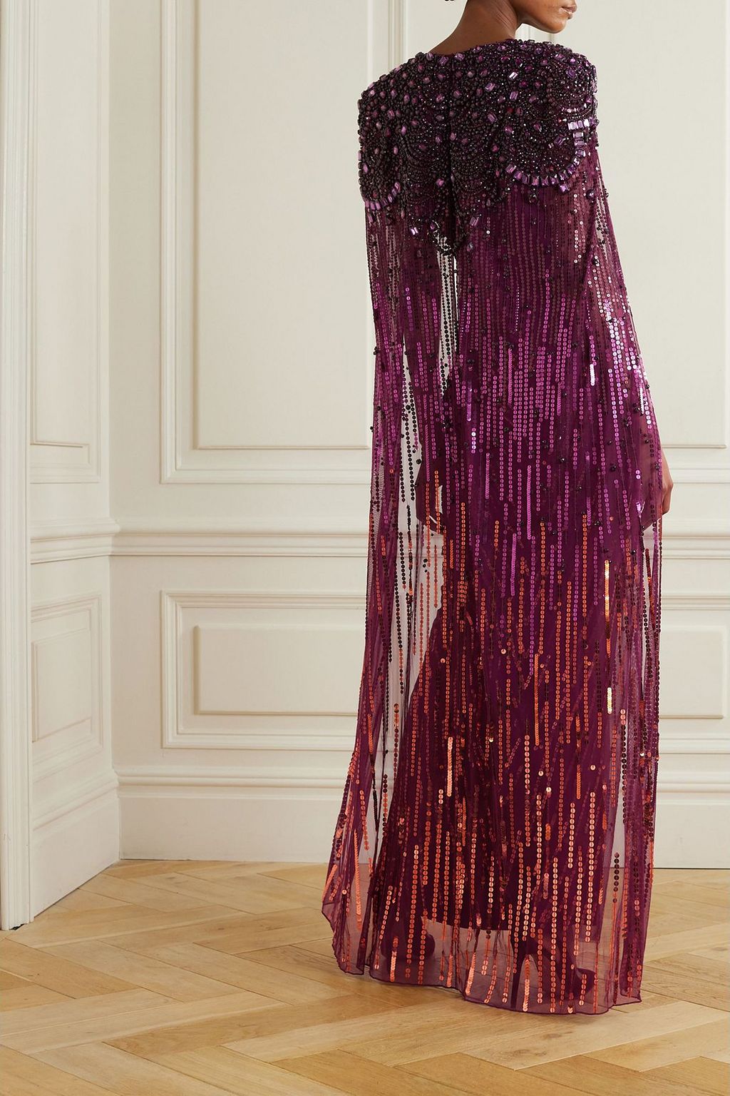 JENNY PACKHAM Lotus cape-effect embellished sequined tulle gown