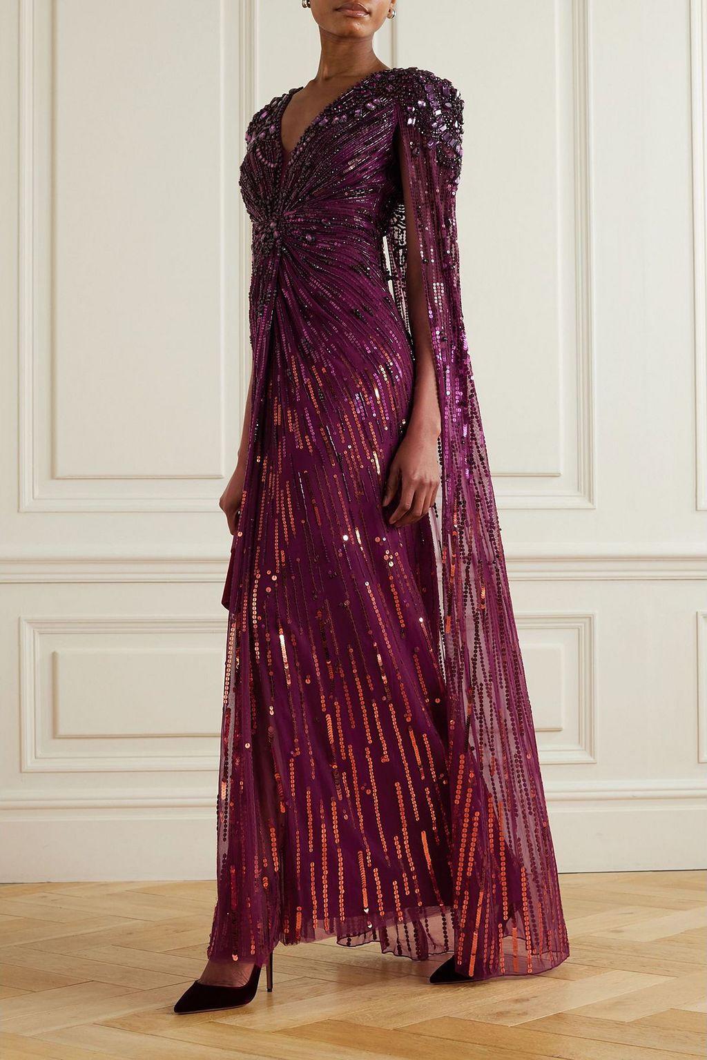 JENNY PACKHAM Lotus cape-effect embellished sequined tulle gown