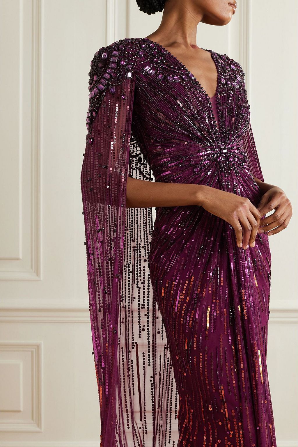 JENNY PACKHAM Lotus cape-effect embellished sequined tulle gown