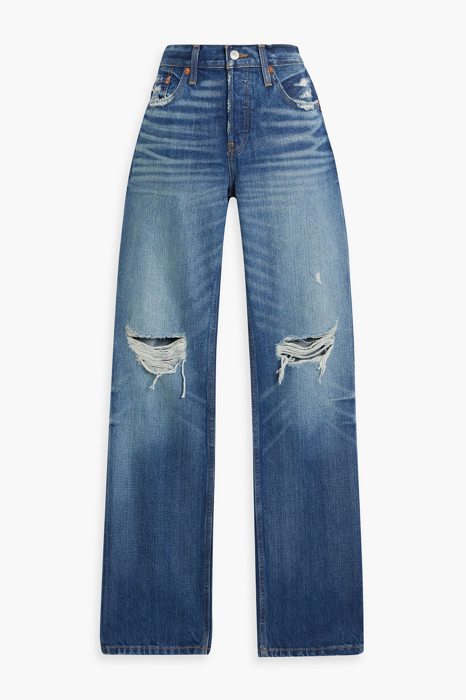 Re/done Distressed High-rise Straight-leg Jeans In Mid Denim