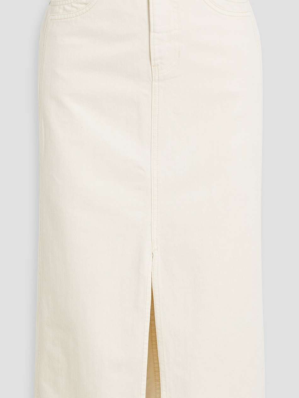 victoria paneled denim midi skirt