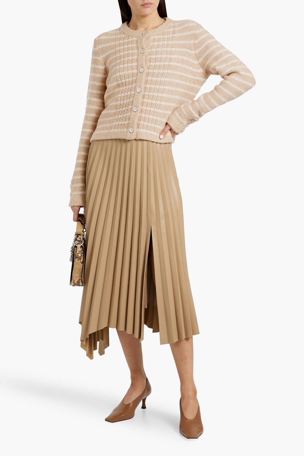 AUTUMN CASHMERE Embellished striped cable-knit cashmere-blend cardigan
