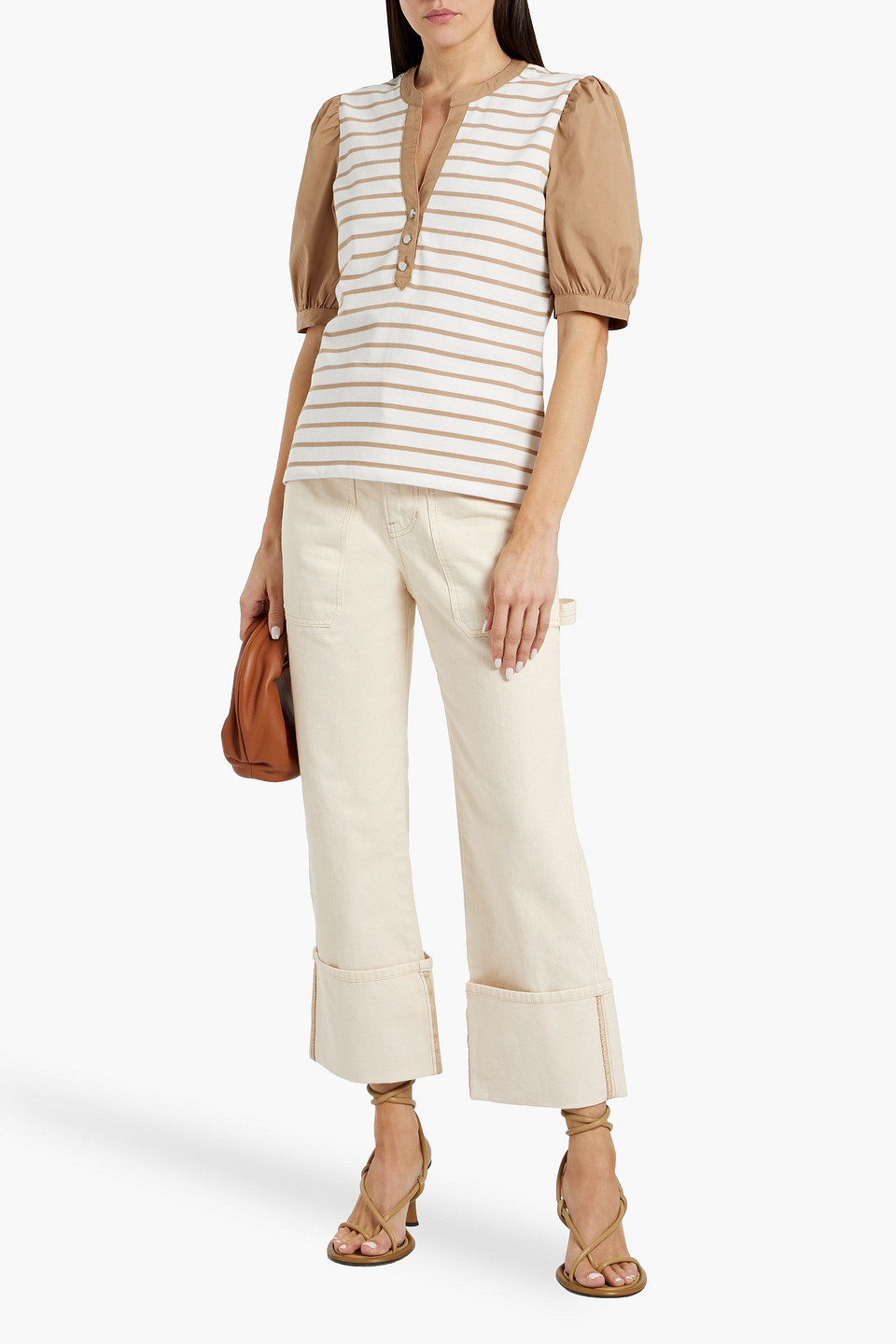 Veronica Beard Kellie Poplin-trimmed Striped Cotton-jersey Top In Off-white