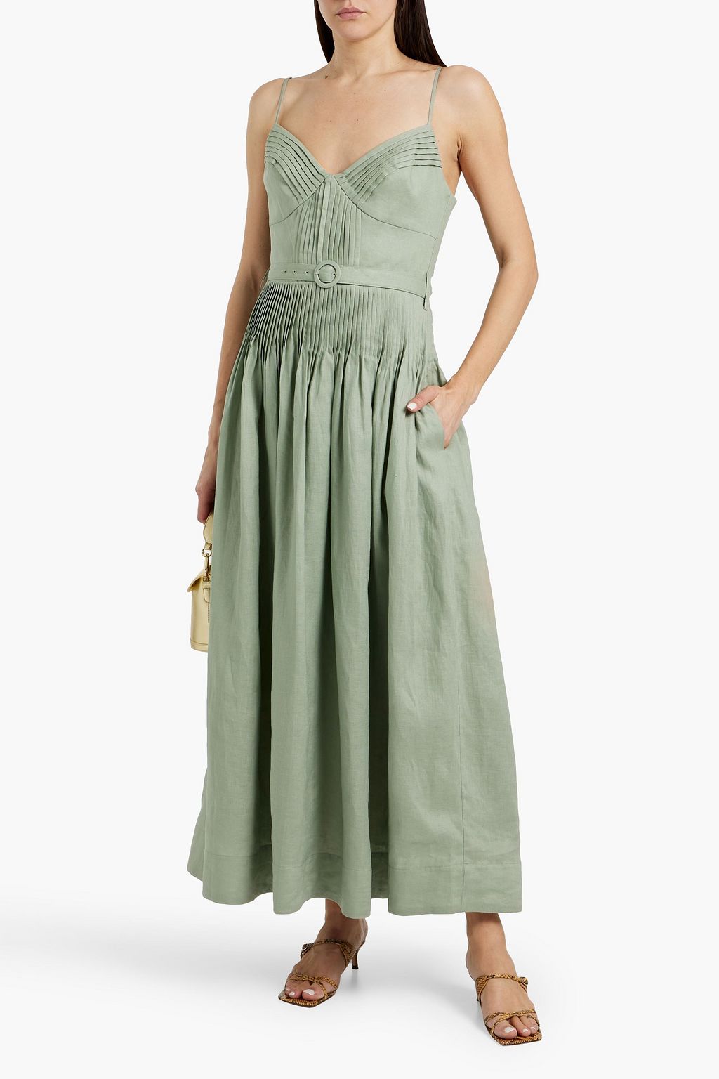 NICHOLAS Belted pintucked linen maxi dress
