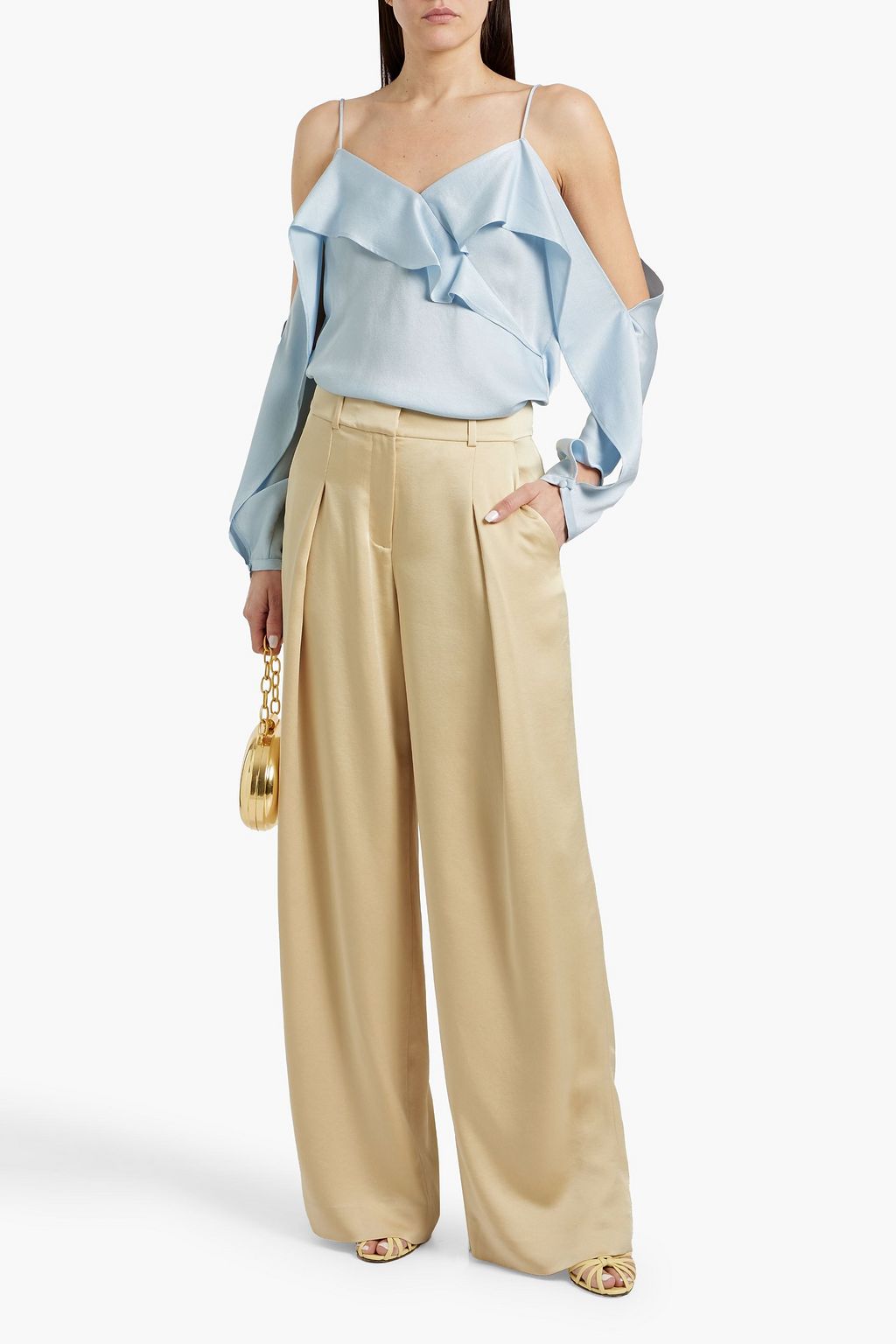 SIMKHAI Diane cold-shoulder ruffled satin-crepe top