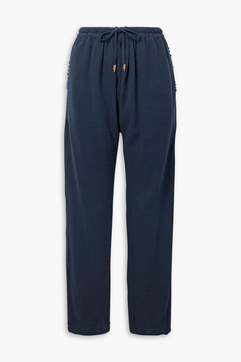 Caravana Wakun Leather-trimmed Distressed Cotton-gauze Track Pants In Navy
