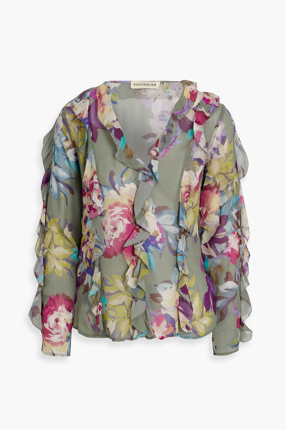 Nicholas Ruffled Floral-print Silk-chiffon Blouse In Gray