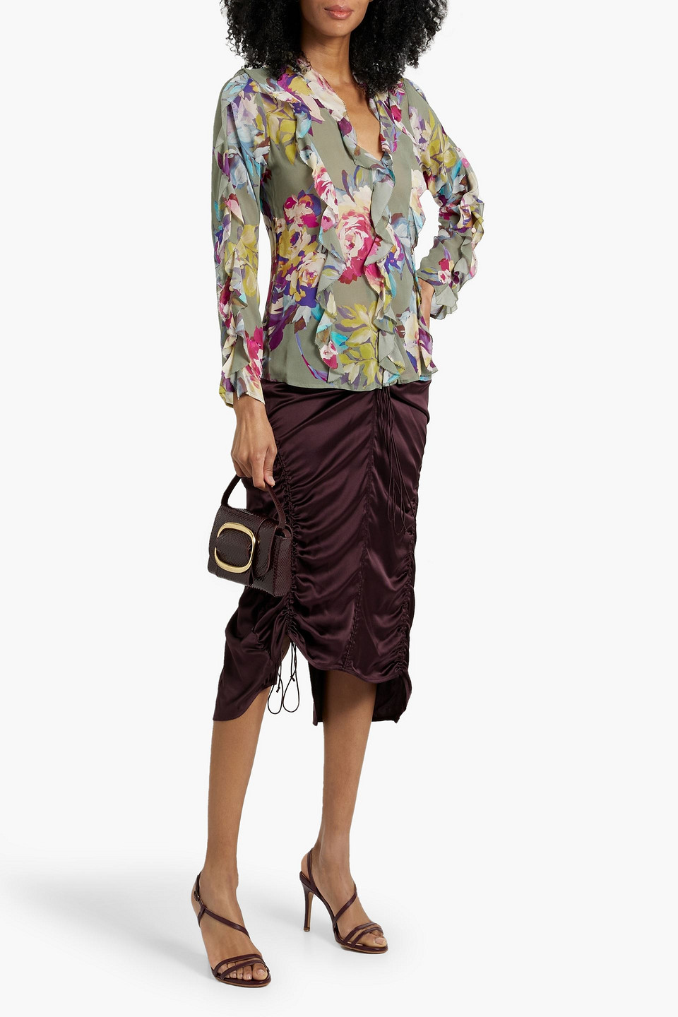 Nicholas Ruffled Floral-print Silk-chiffon Blouse In Gray