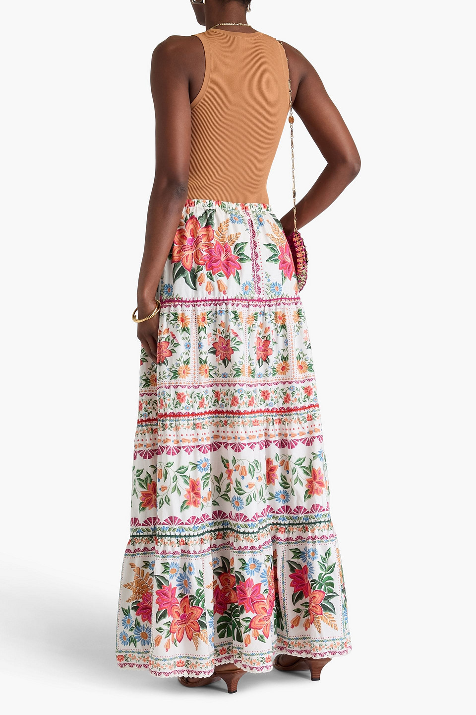 FARM RIO TIERED FLORAL-PRINT COTTON-POPLIN MAXI SKIRT