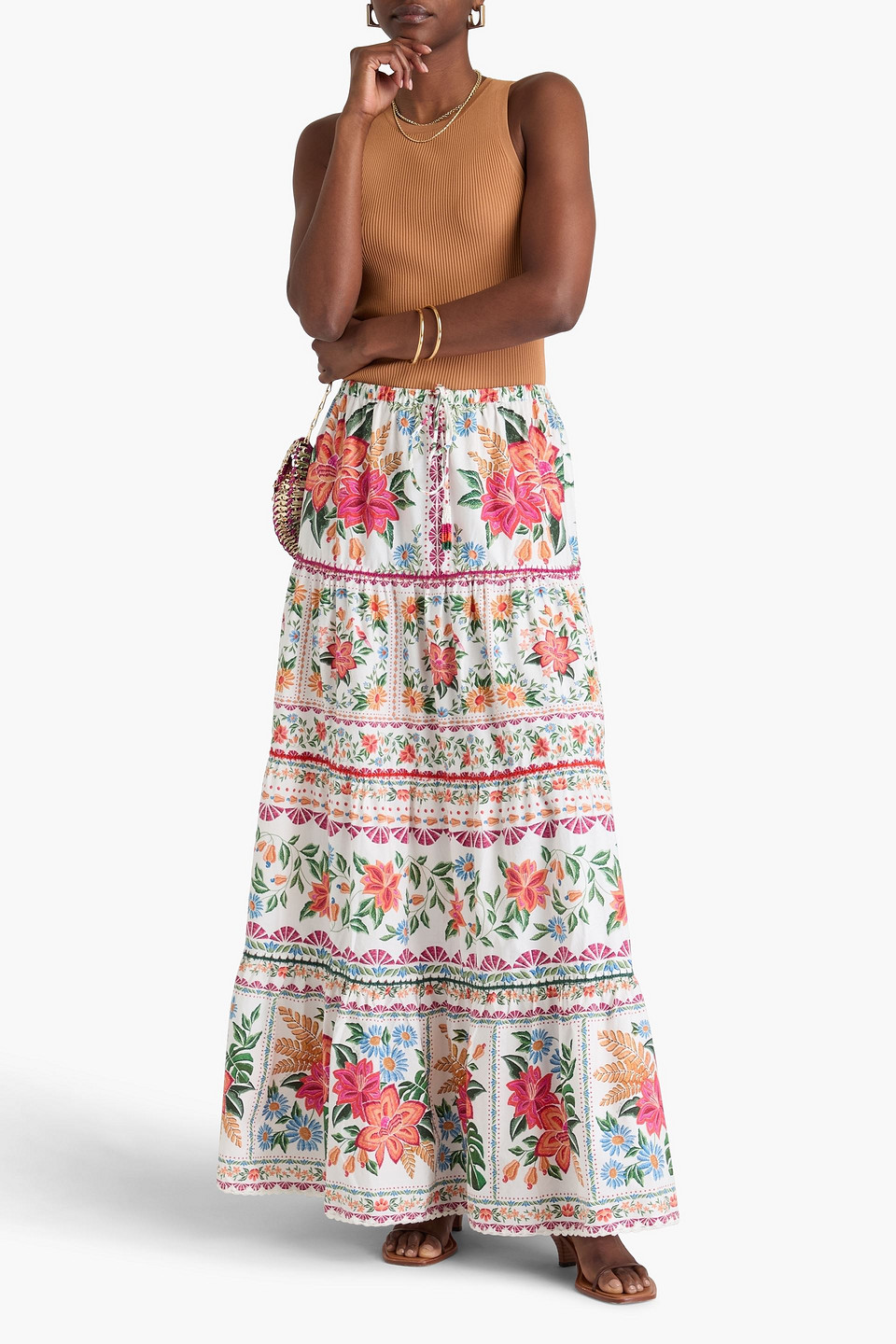 FARM RIO TIERED FLORAL-PRINT COTTON-POPLIN MAXI SKIRT
