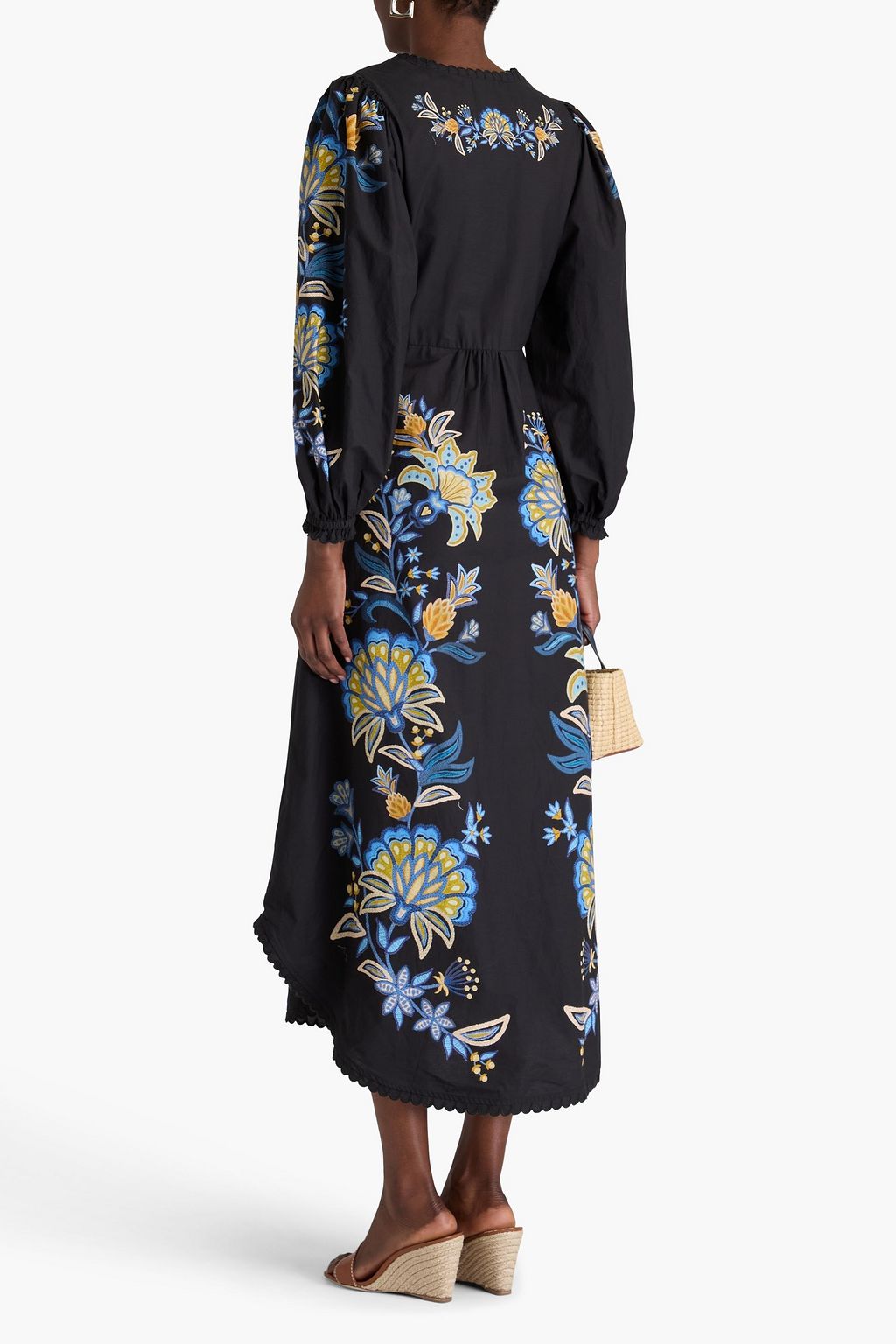 FARM RIO Embroidered floral-print cotton-poplin midi dress