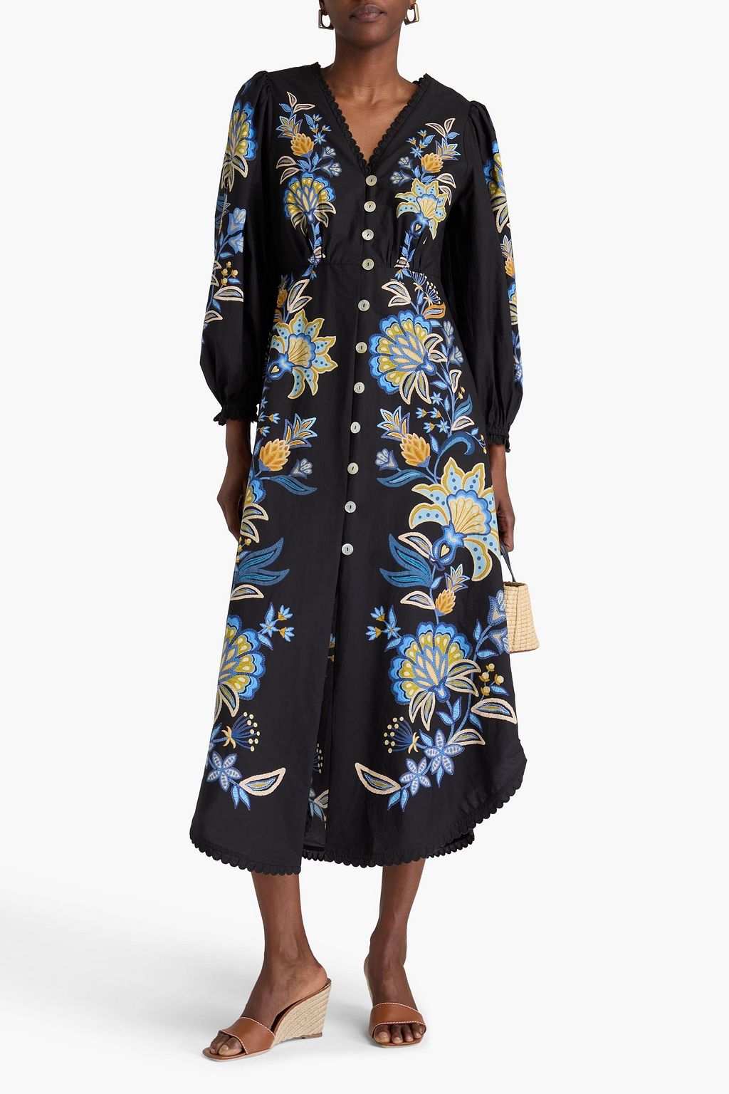 FARM RIO Embroidered floral-print cotton-poplin midi dress