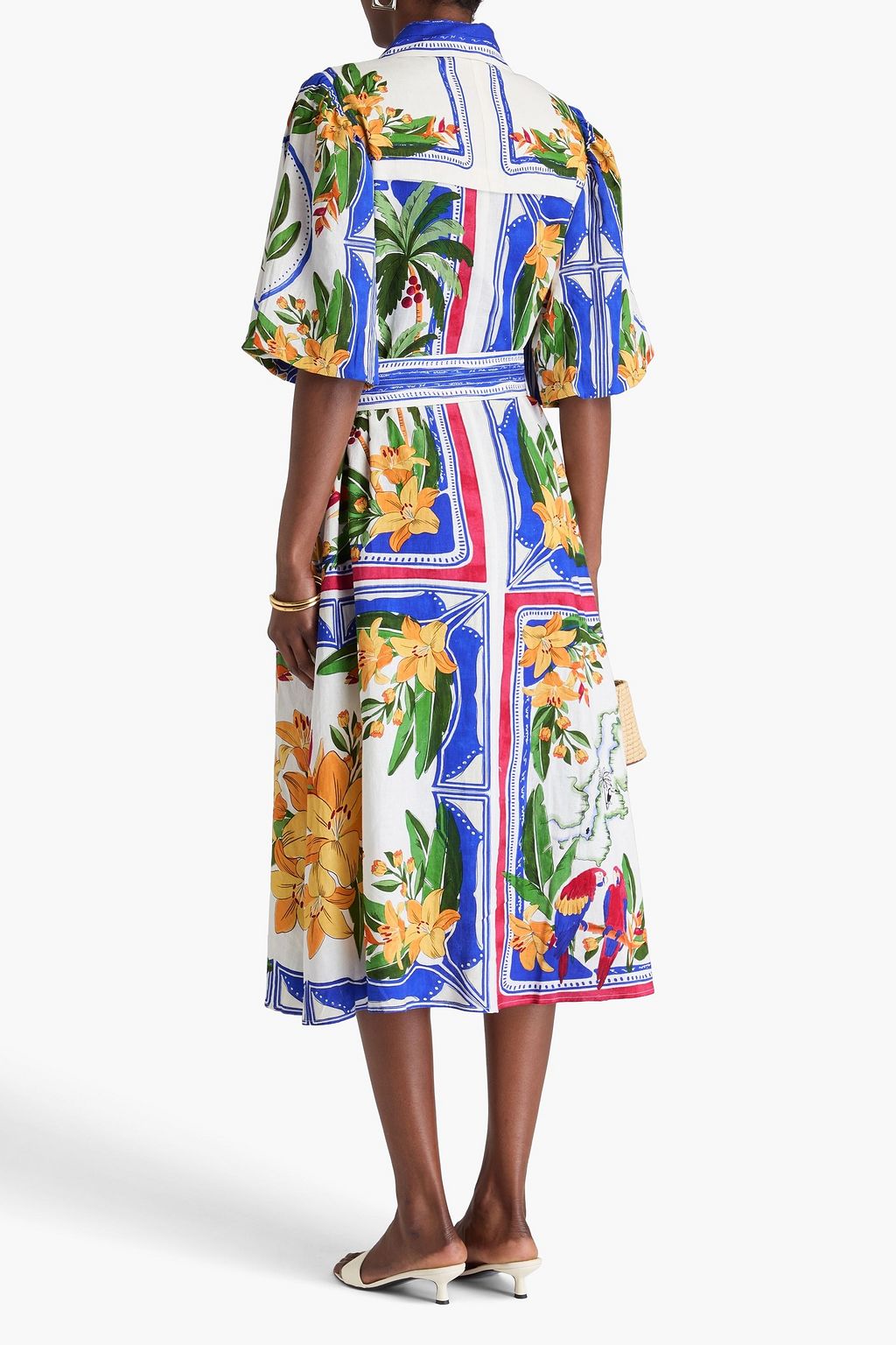 FARM RIO Belted floral-print linen-blend midi shirt dress