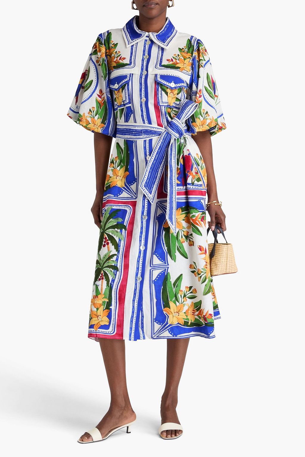 FARM RIO Belted floral-print linen-blend midi shirt dress
