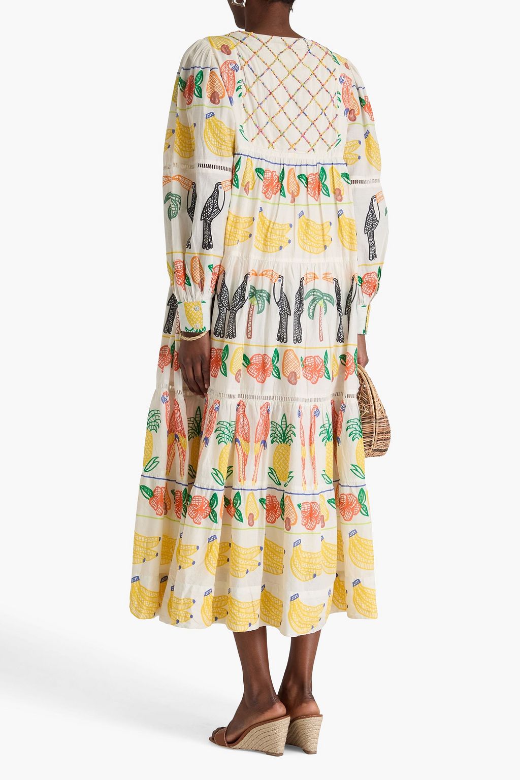 FARM RIO Embellished tiered printed cotton-voile midi dress