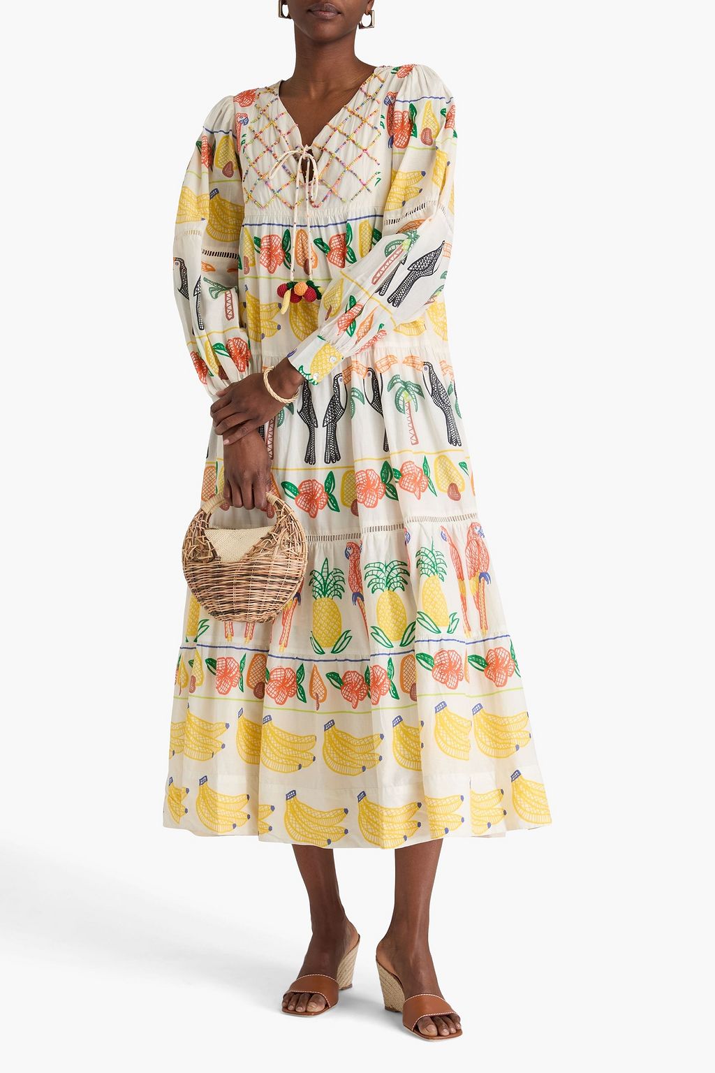 FARM RIO Embellished tiered printed cotton-voile midi dress
