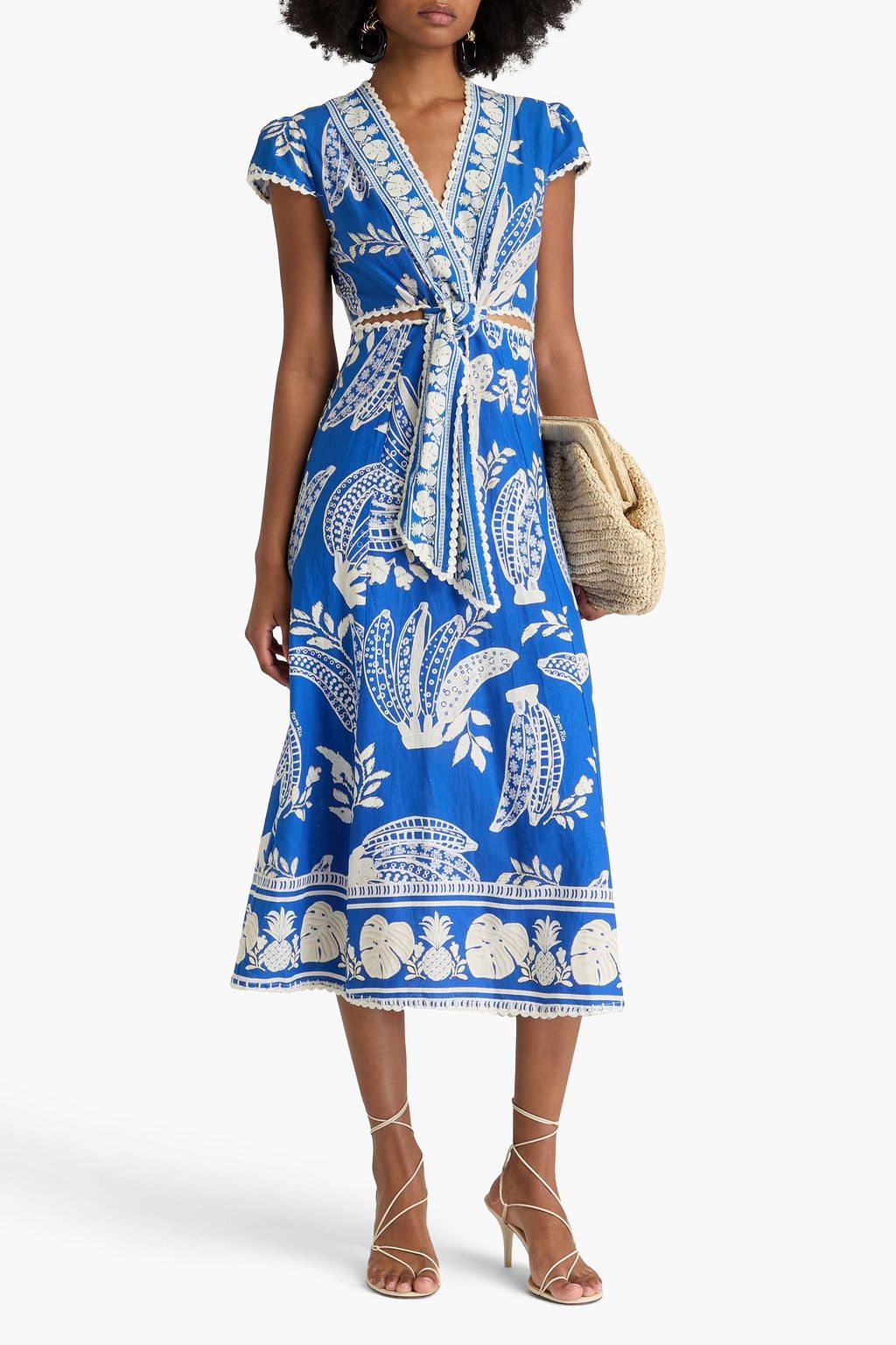 FARM RIO Cutout printed linen-blend midi dress