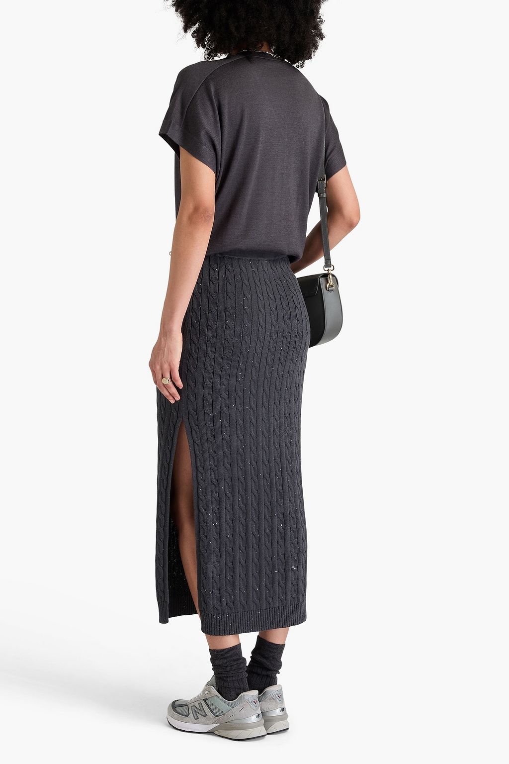 BRUNELLO CUCINELLI Midirock aus einer Baumwollmischung mit Zopfstrickmuster und Pailletten