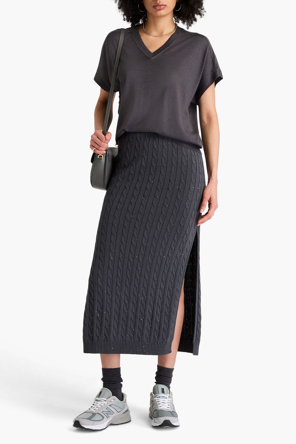 BRUNELLO CUCINELLI Midirock aus einer Baumwollmischung mit Zopfstrickmuster und Pailletten