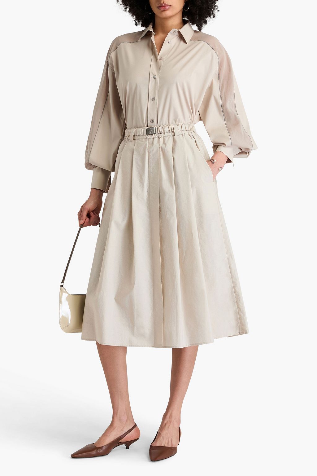BRUNELLO CUCINELLI Belted pleated cotton-blend poplin midi skirt